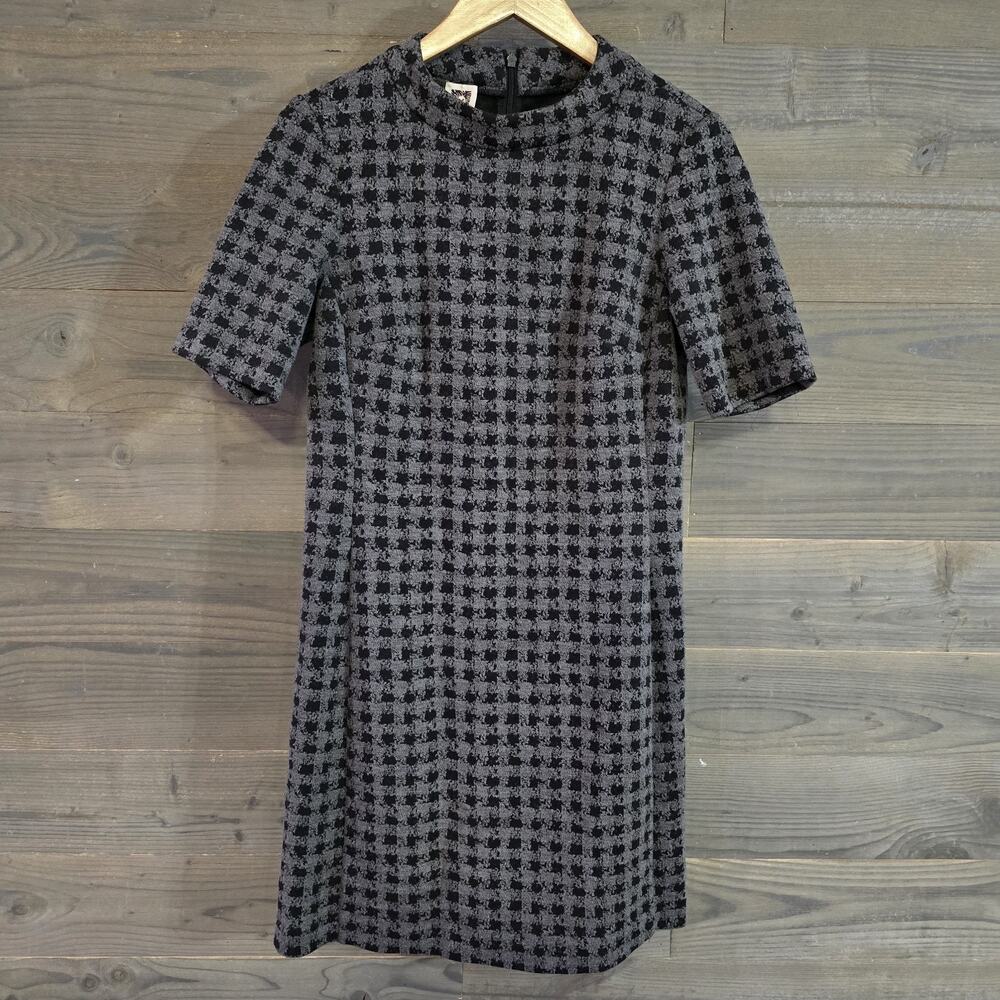Anne Klein Houndstooth Sheath Dress Black Gray Mock Neck Knit Career Office Sz 8